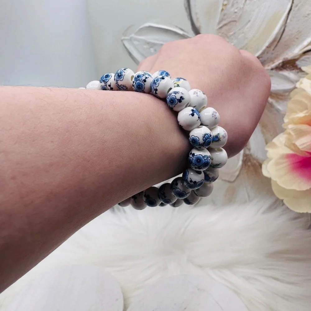 Chinese-Style Ceramic Flower Blue Beaded Bracelet Bundle
